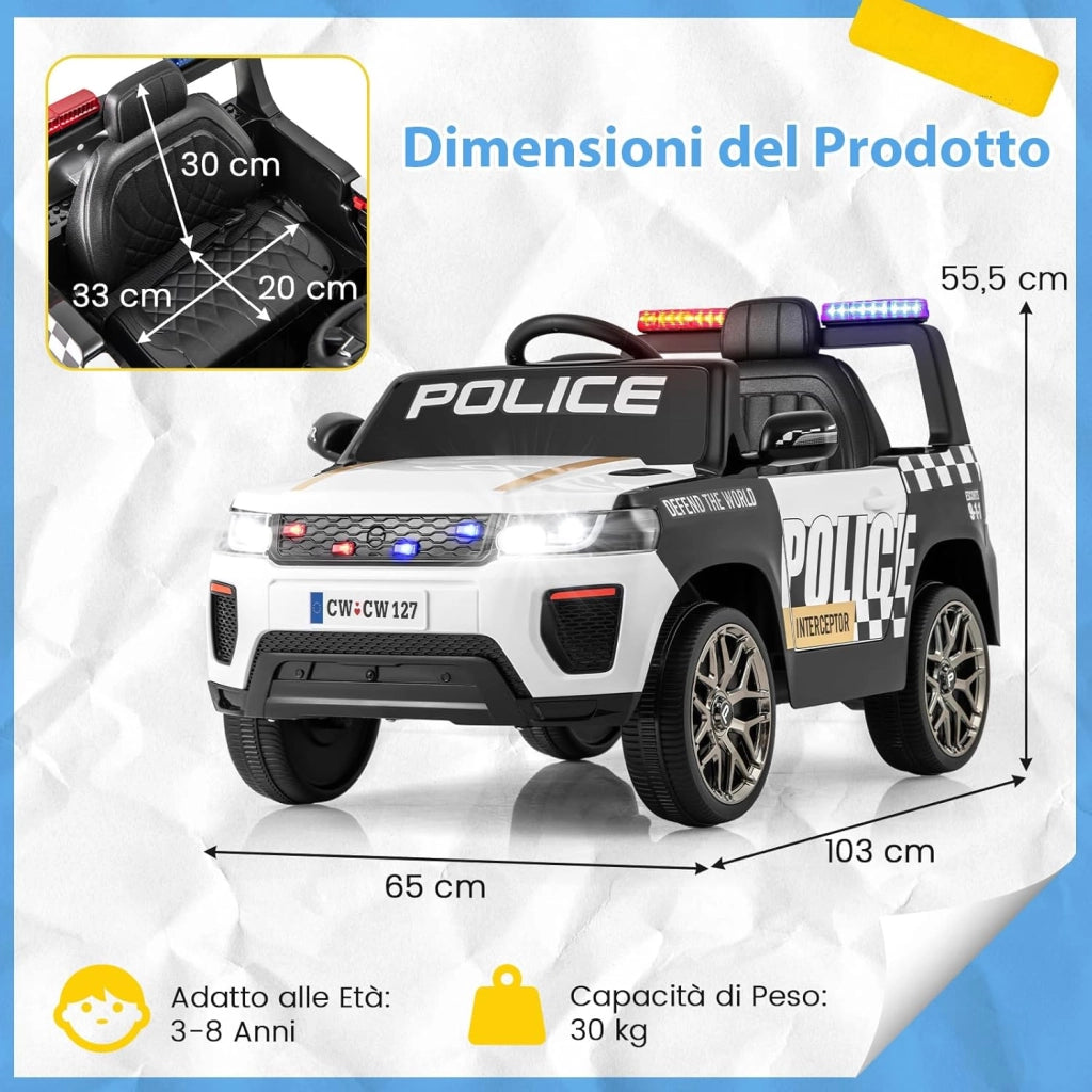 Auto della Polizia per Bambini, Macchina Elettrica 12V con Telecomando Connessione Wireless Musica Clacson Sirena e Luci LED, per Bambini 3-8 Anni