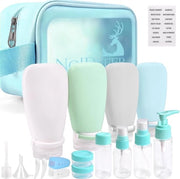 Set di imbottigliamento per viaggio in silicone a 18 pezzi, certificato aereo per il riempimento di bottiglie di viaggio, adatto per shampoo, lotion, balsamo capillare, gel doccia, con etichette e contenitori trasparenti per bagno