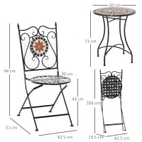 Mobili da Giardino Set da 3 Pezzi con 2 Sedie Pieghevoli e 1 Tavolino, in Metallo e Ceramica