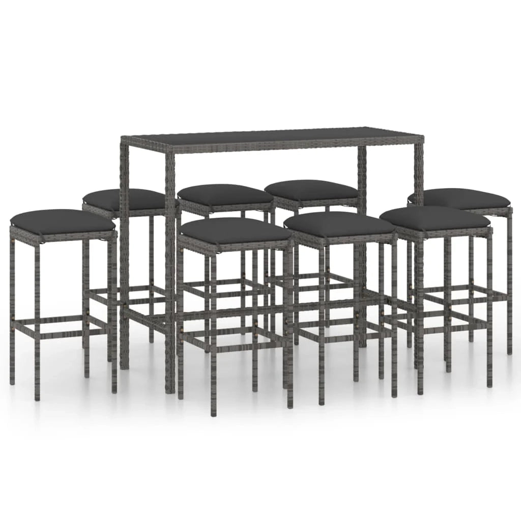 Set da bar da giardino 9 pezzi e cuscini in resina intrecciata grigia 02_0013447