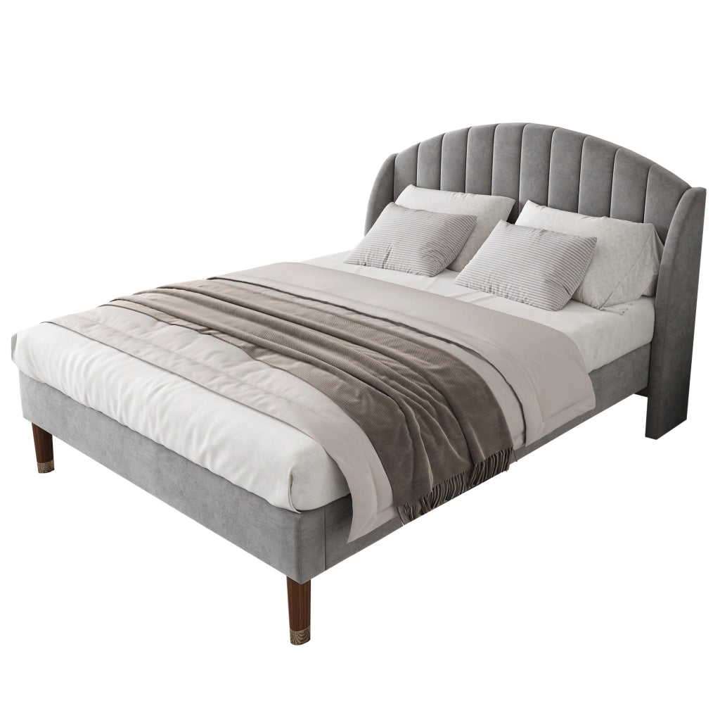 Letto imbottito 140x200 cm con rete a doghe e testiera; in velluto grigio