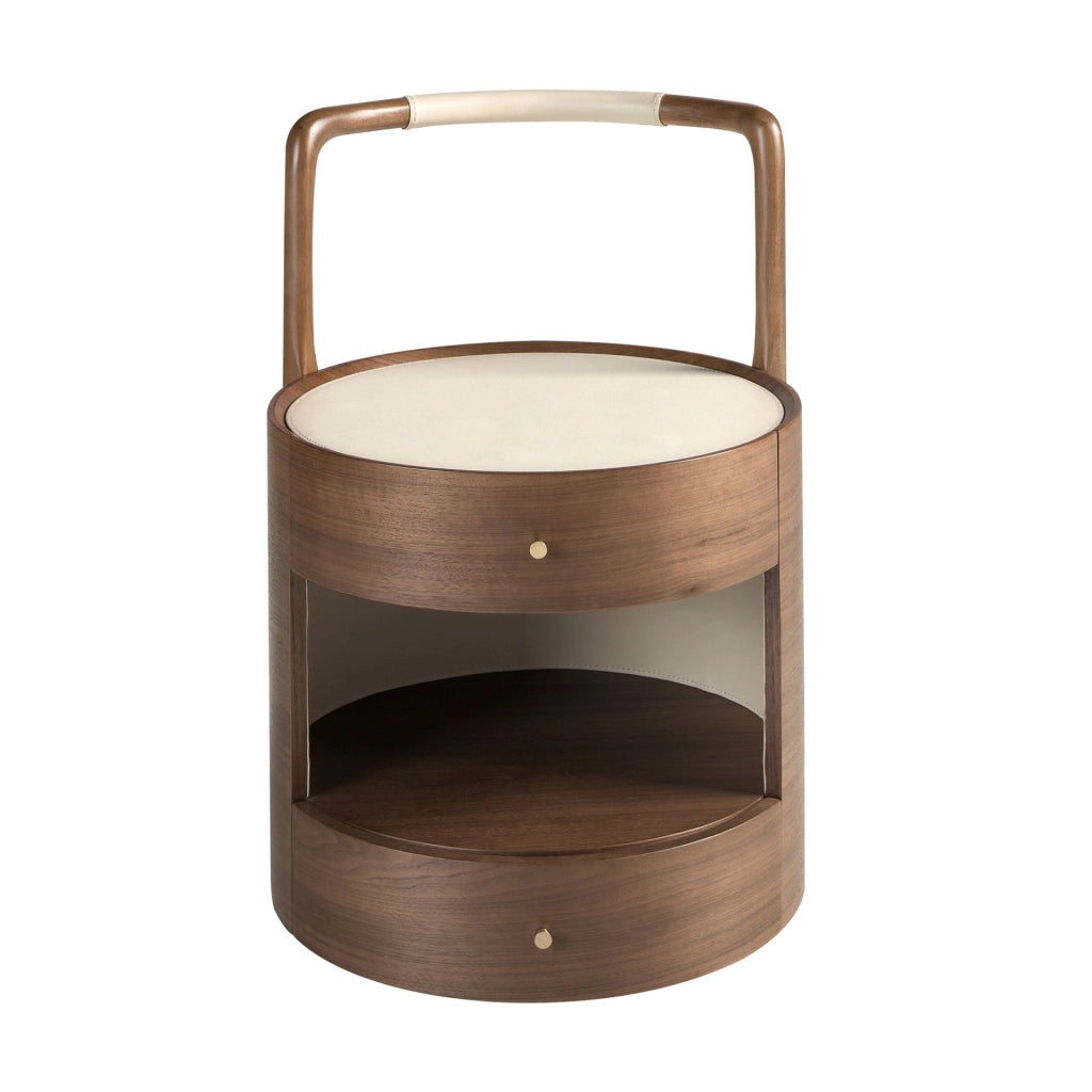 Comodino noce con piano in legno rivestito in similpelle color crema