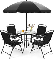Set da Bistrò in Tessuto Textilene, Set da Giardino in 6 Pezzi, con Ombrellone, Tavolo e 4 Sedie Pieghevoli, Set Tavolo e Sedie da Balcone, Set da Esterno per Patio, Bordo Piscina, Nero