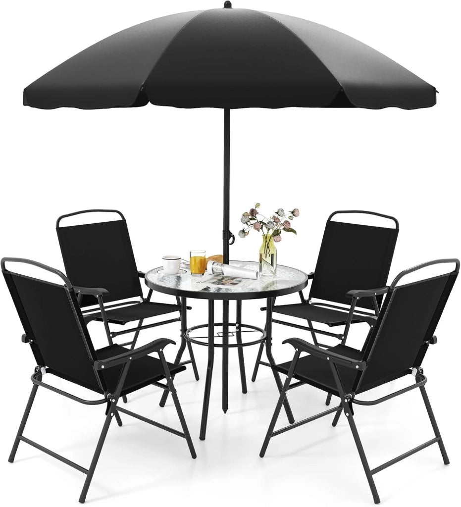 Set da Bistrò in Tessuto Textilene, Set da Giardino in 6 Pezzi, con Ombrellone, Tavolo e 4 Sedie Pieghevoli, Set Tavolo e Sedie da Balcone, Set da Esterno per Patio, Bordo Piscina, Nero