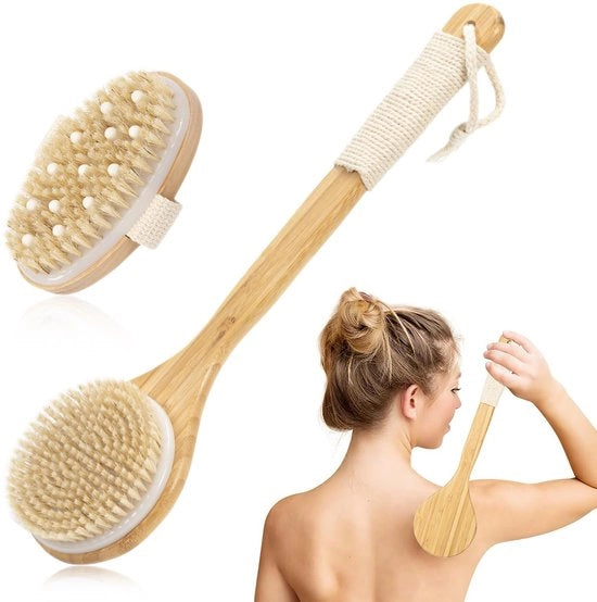 Set di spazzole per il corpo con setole naturali, spazzola per la schiena, spazzola da doccia per esfoliazione e massaggi, 2 pezzi