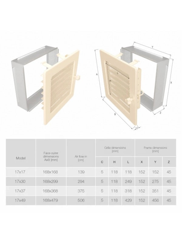 Griglia di ventilazione per camino 17x37  crema con tapparelle avvolgibili