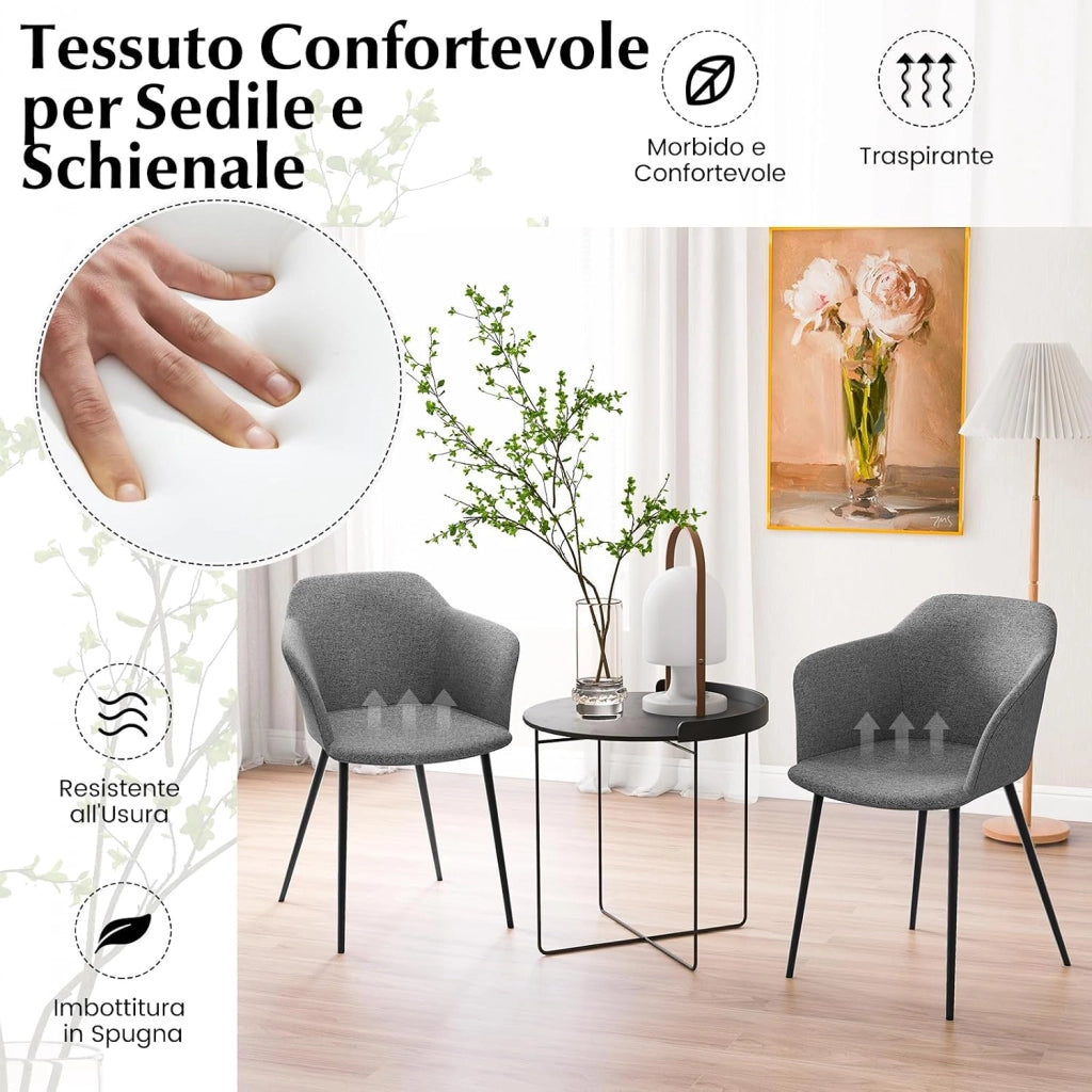 Set di 2 Sedie da Pranzo, Sedia da Pranzo Imbottita con Schienale Ergonomico, Ampi Braccioli, Sedie Moderne ed Eleganti per Soggiorno, Sala da Pranzo e Cucina, Portata 150 kg (Grigio)