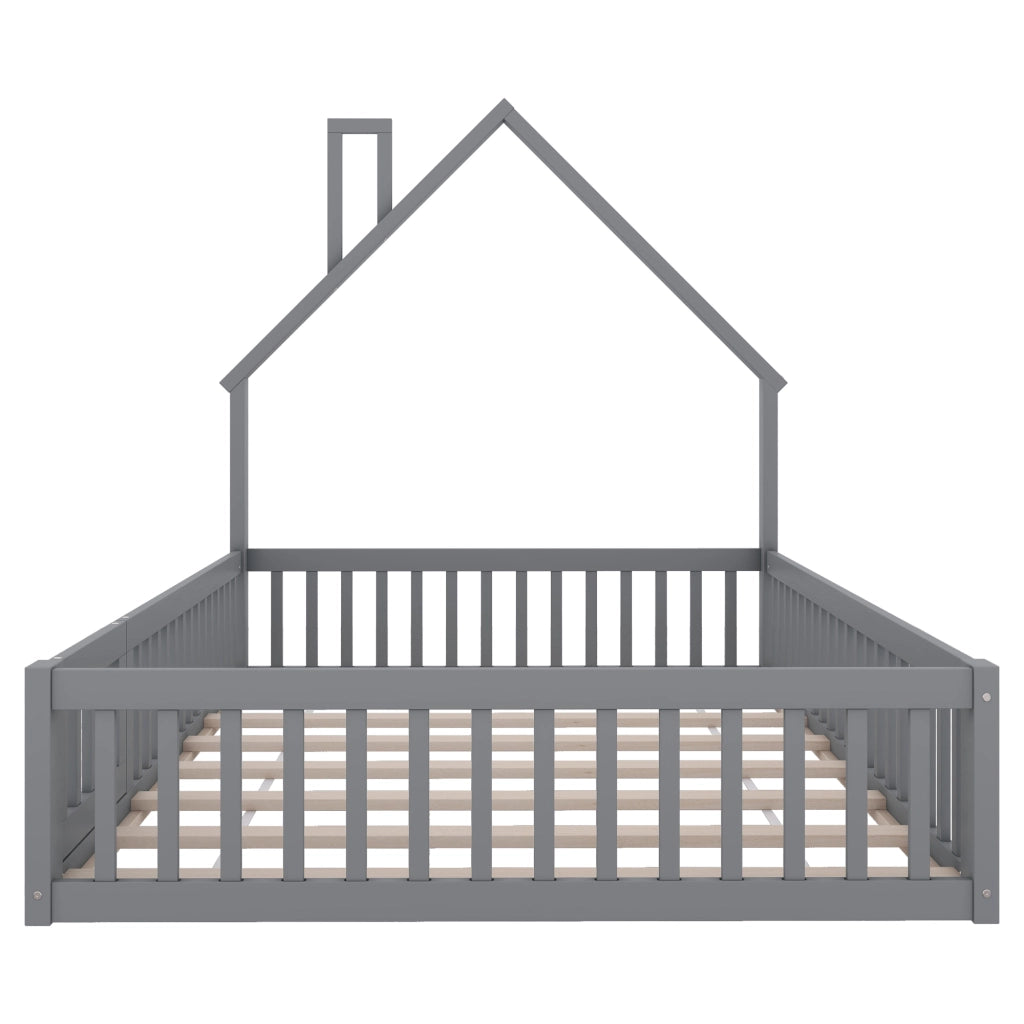 Letto per Bambini 140×200 cm; Letto Singolo con Sponde di Sicurezza e Design a Camino; senza Materasso; Grigio