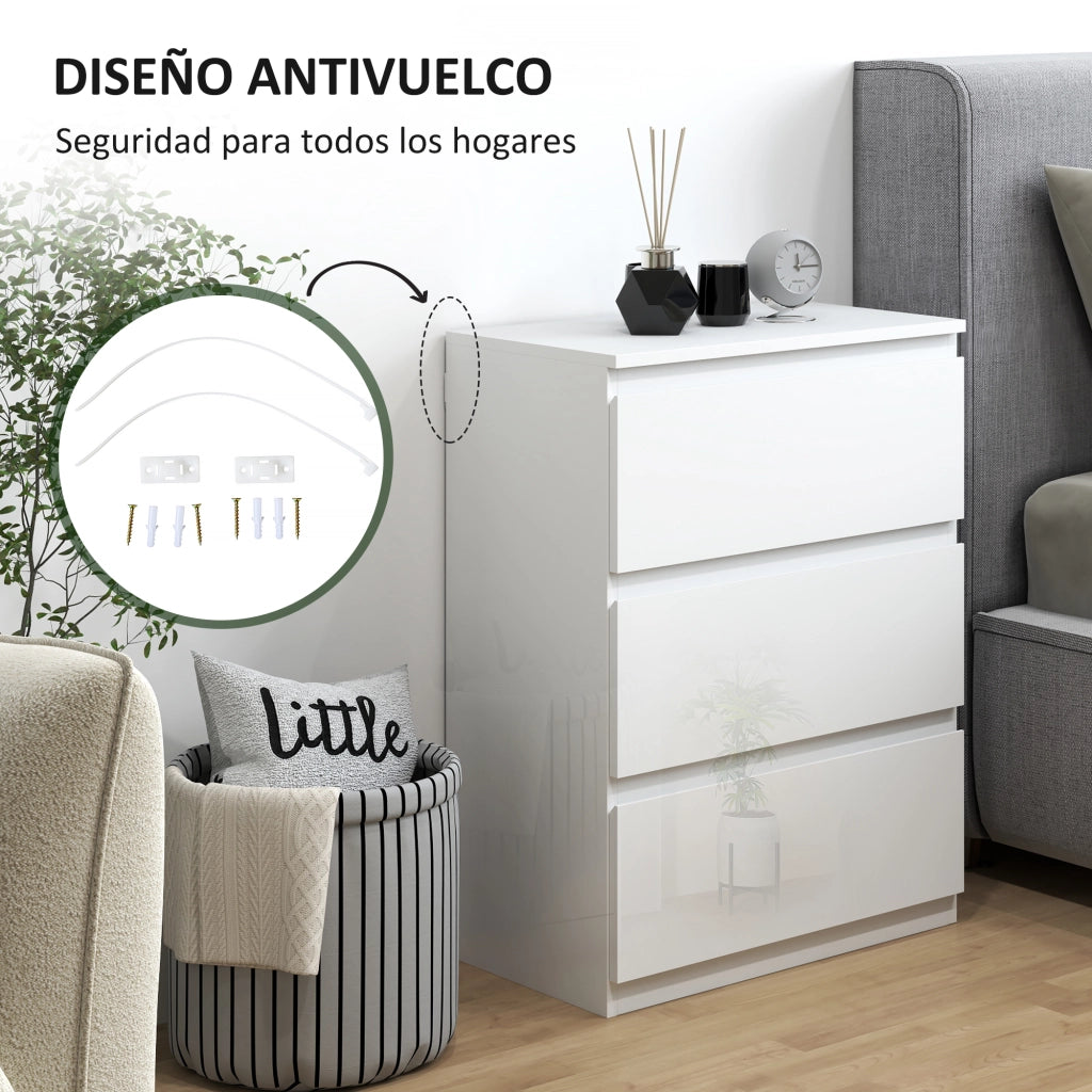 Comodino con 3 Cassetti Moderno ¨C zephmum ¨C Bianco Lucido 55x34x75 cm