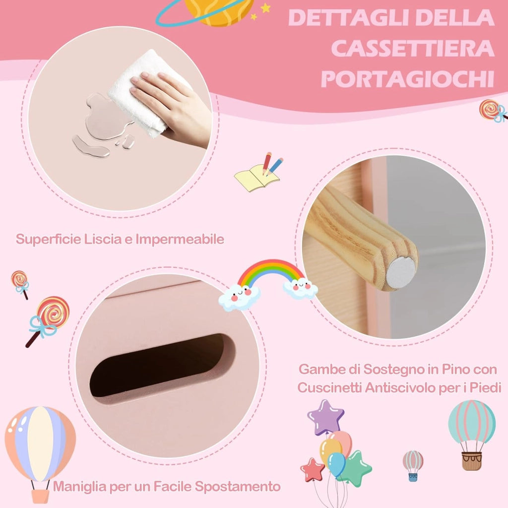 libreria Montessoriana 2-in-1 per Bambini in Legno, Scaffale Porta Libri e Giocattoli con Cassone, Coperchio Ammortizzato e Maniglie, Ideale per Cameretta e Nido, 60 x 30 x 44 cm (Rosa)