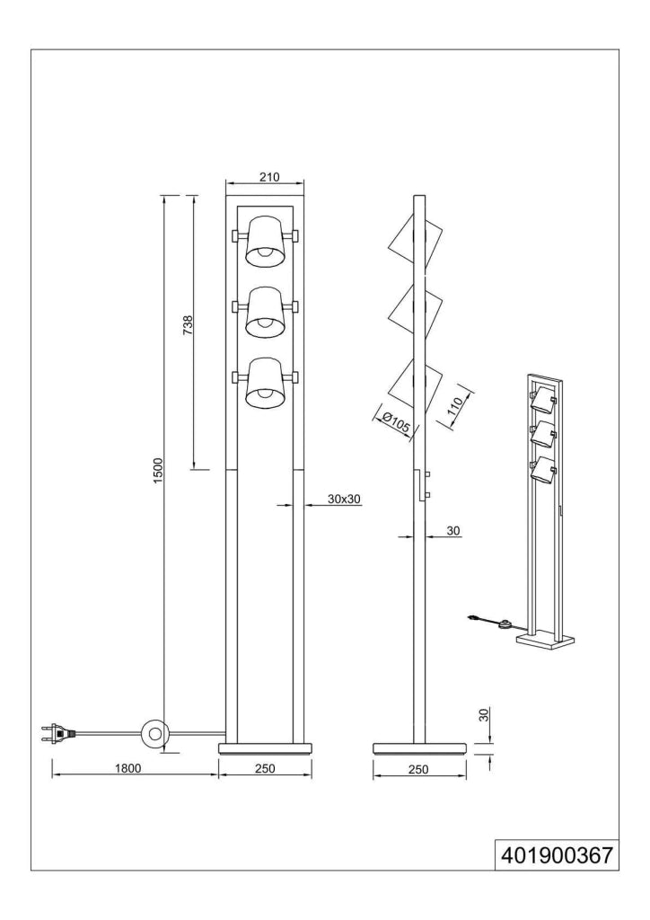 Piantana 3 faretti orientabii, acciaio anticato e oro, H 150 cm, Bell