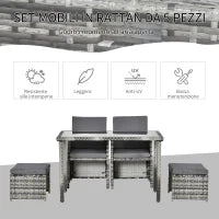 Set 11 Pz Tavolo da Giardino con Sedie, Pouf e Cuscini, in Rattan PE, Grigio