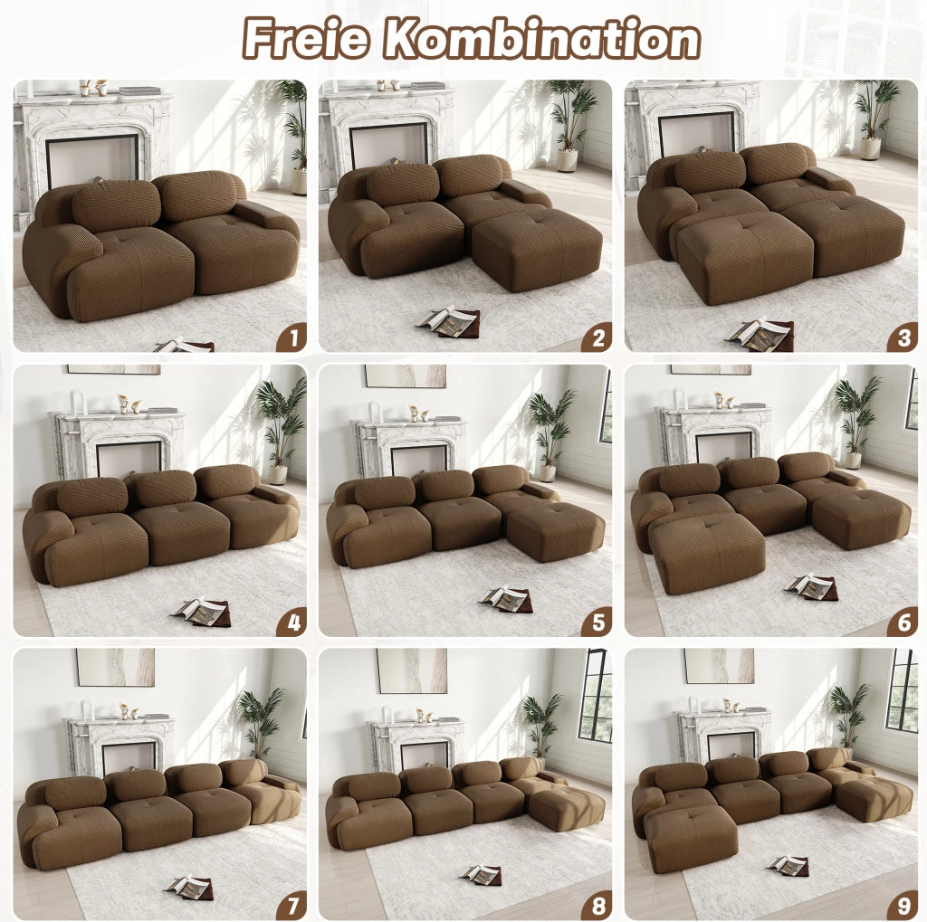 Divano angolare modulare senza montaggio in velluto a coste marrone; design ergonomico