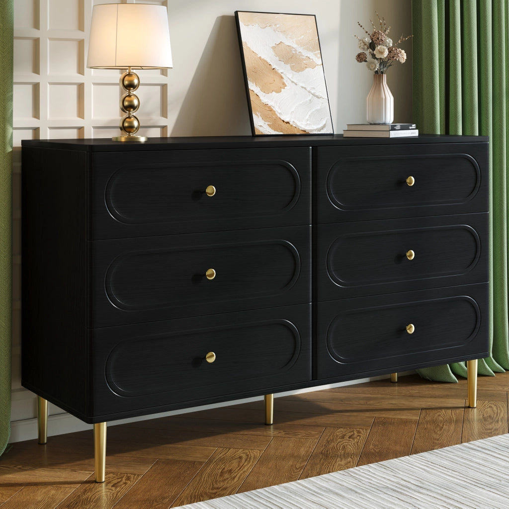 Madia con 6 cassetti e frontali ovali; piedini in metallo; nera 120 × 40 × 75 cm