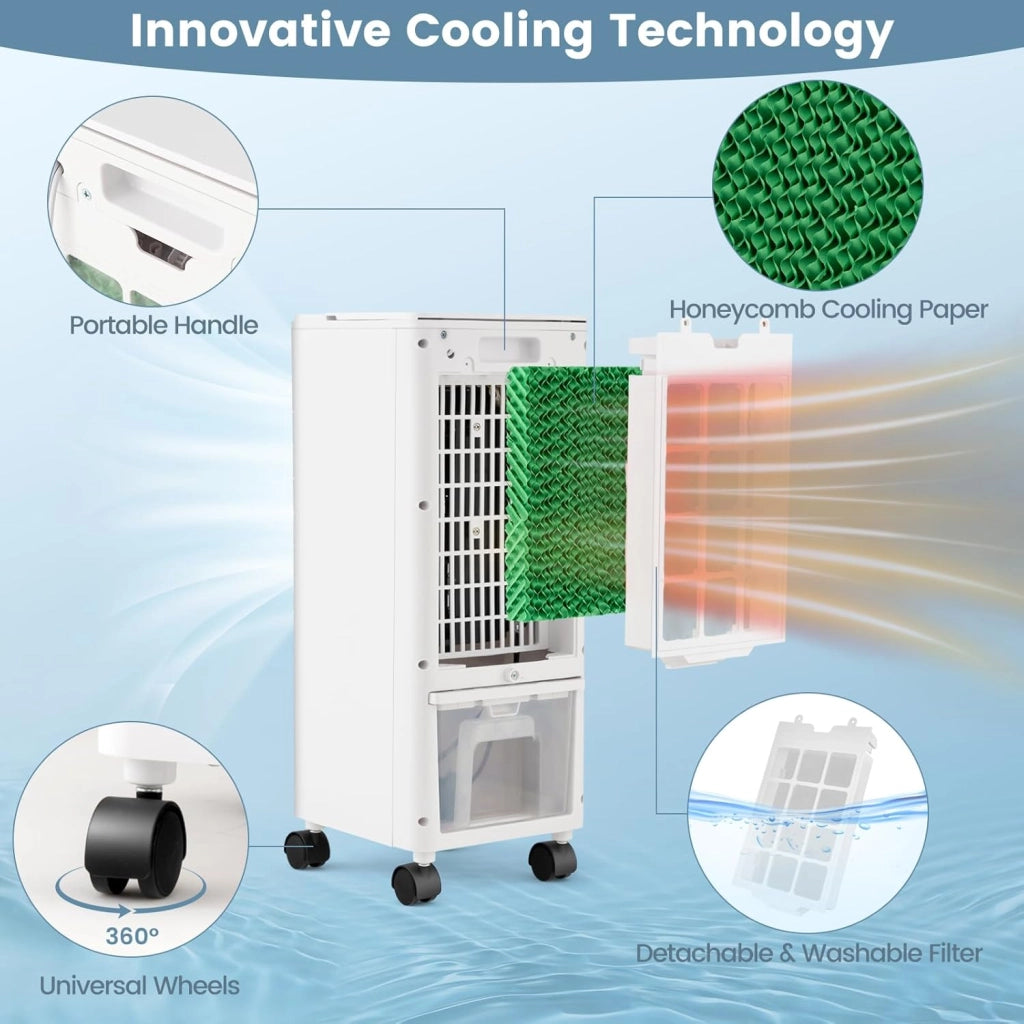 Ventilatore Condizionatore, 3 in 1 Ventilatore & Umidificatore & Raffrescatore, 3 Velocità, 2 Serbatoi d'Acqua, Timer 12H, Telecomando, per Salone, Camera da Letto, Ufficio (Bianco)