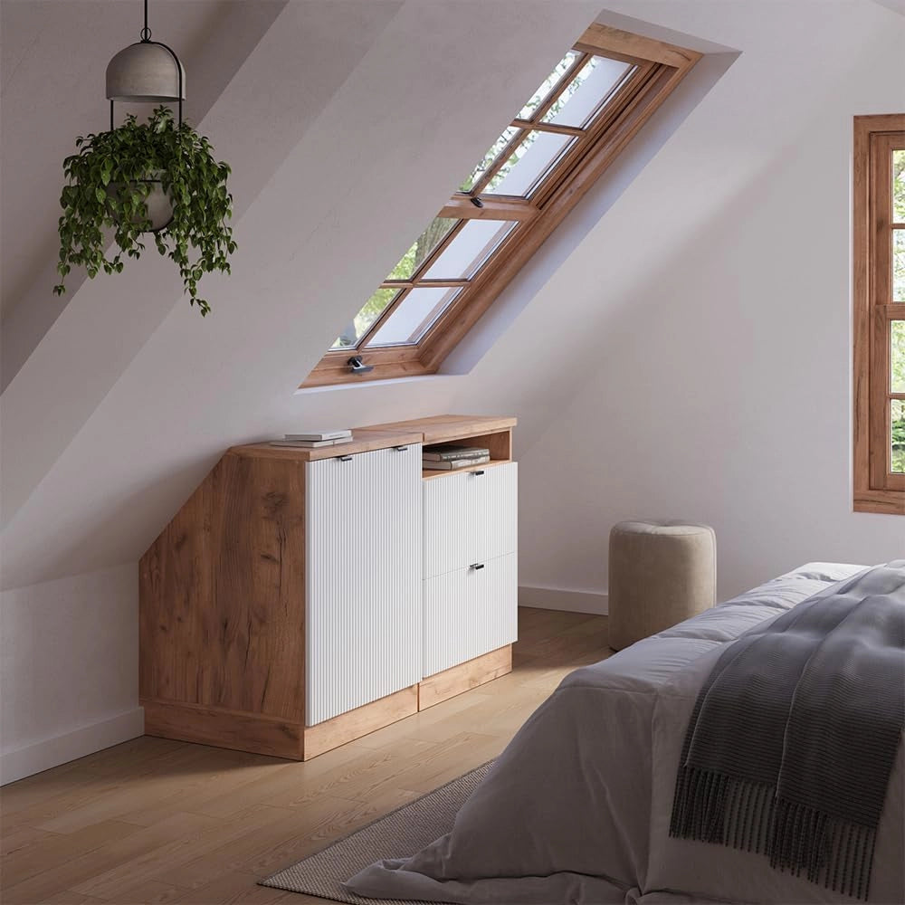 Set di mobili sottotetto Rion, Ondulazione bianca, 120 cm Set di 2 carcasse armadio profondità 60 cm, adatto per il salvaspazio sotto tetti spioventi
