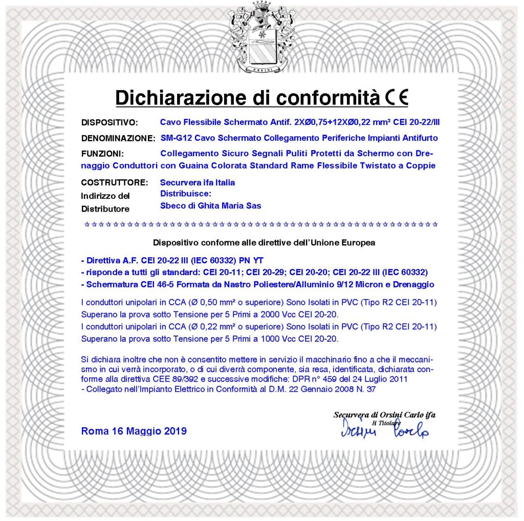 Cavo Flessibile Antifurto Schermato 2X0,75+12X0,22 mm² Guaina PVC Bianco Prot. Alluminio/Poliestere Drenaggio Conduttori a Coppie Fili 7 Ø 0,19 mm Per Impianti di Allarme Antifurto Norma CEI 20/22-III