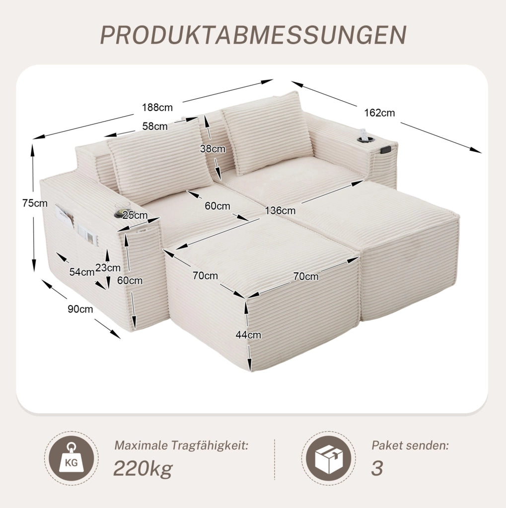 Divano modulare 2 posti con 2 pouf e portabevande in velluto a coste beige