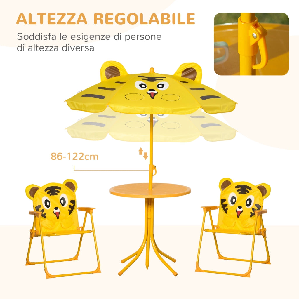 Set 4 Pezzi per Bambini Ombrellone Tavolo Rotondo e 2 Sedie in Acciaio e Tessuto Oxford Giallo