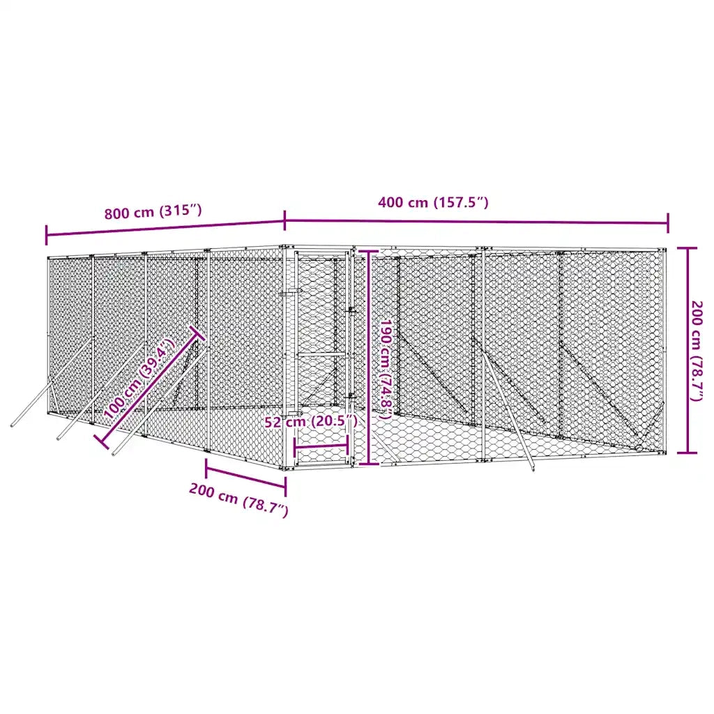 Cuccia per Cani da Esterno Argento 4x8x2 m in Acciaio Zincato 3190456