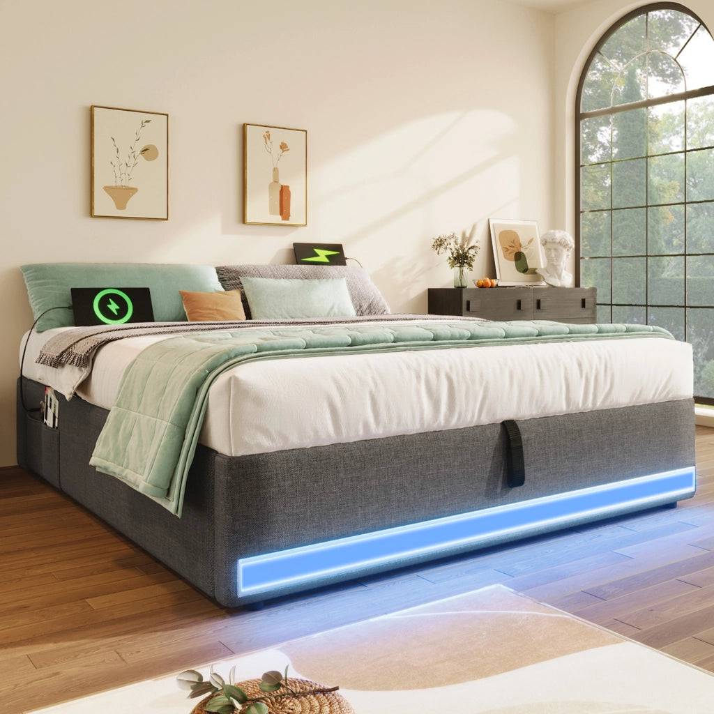 Letto Contenitore Matrimoniale 140x200 cm; USB; Type-C; LED; Tasche laterali; in Lino Grigio
