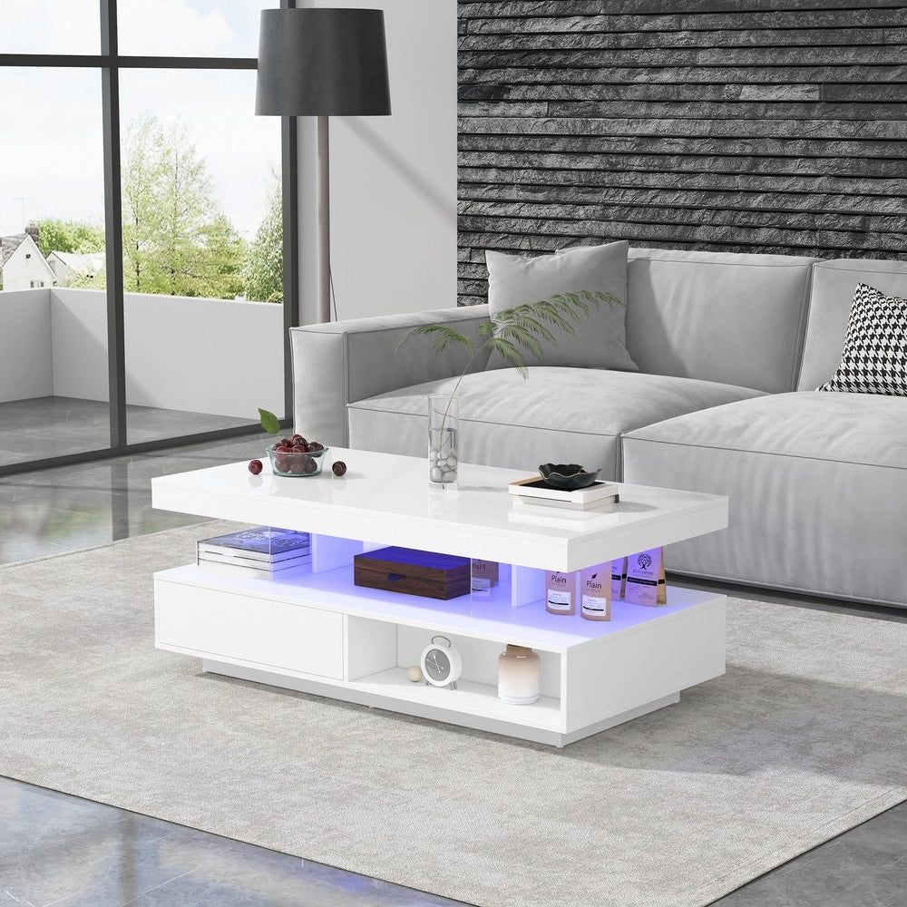 Tavolino da Salotto con Cassetti e Vetro ¨C MINIMAL ¨C Bianco Lucido 95x50x42,5 cm