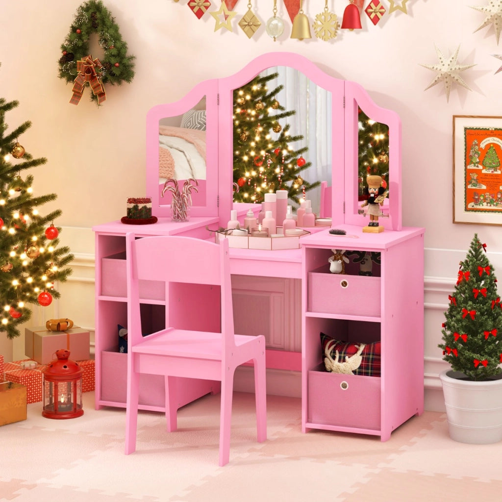 Toeletta da trucco con sgabello per bambini, Set da gioco da principessa con 3 specchi rimovibili 4 contenitori Rosa-Toelette per bimbi