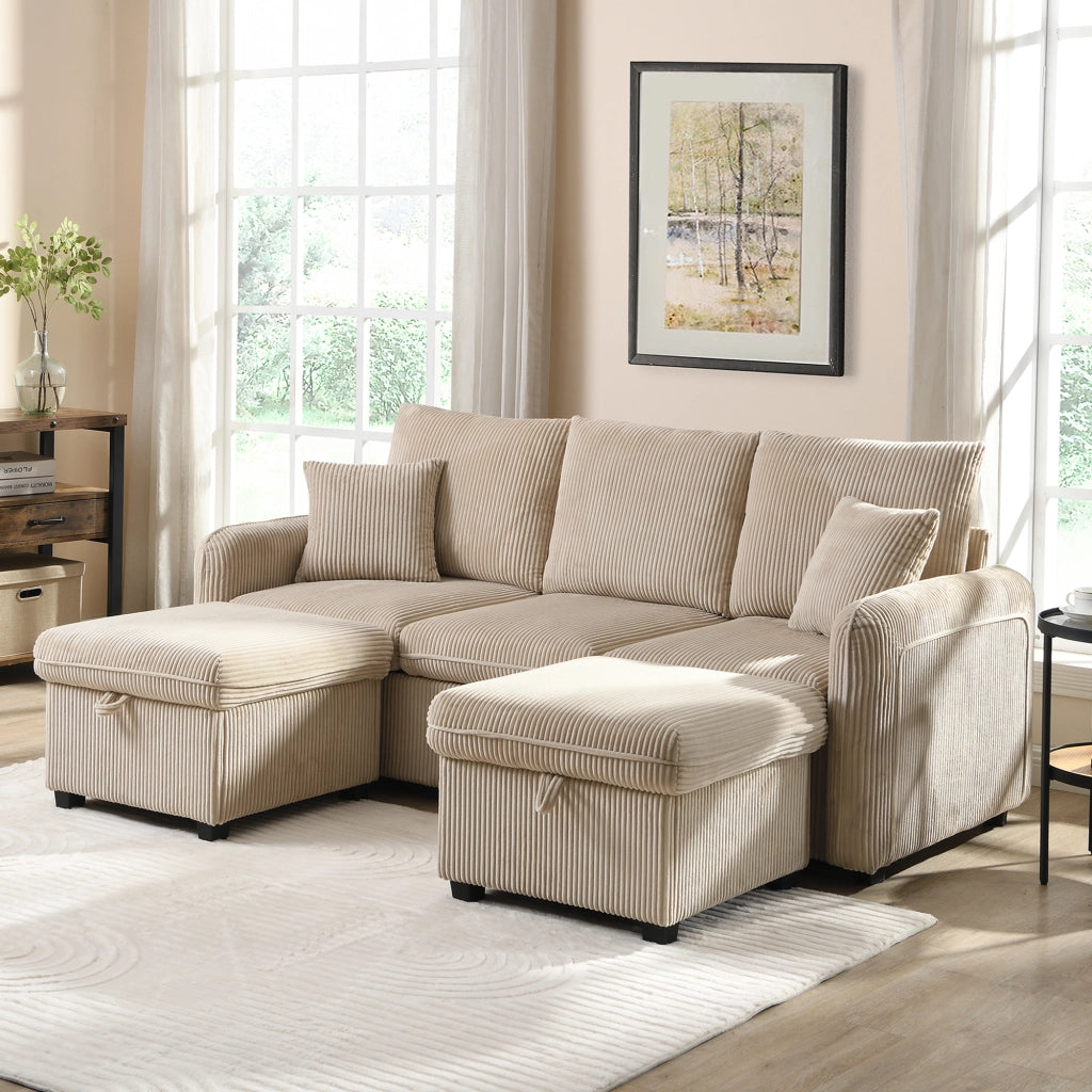 Divano angolare convertibile 3 Posti con Contenitore, 2 Pouf contenitore e Cuscini, in Velluto a coste Beige