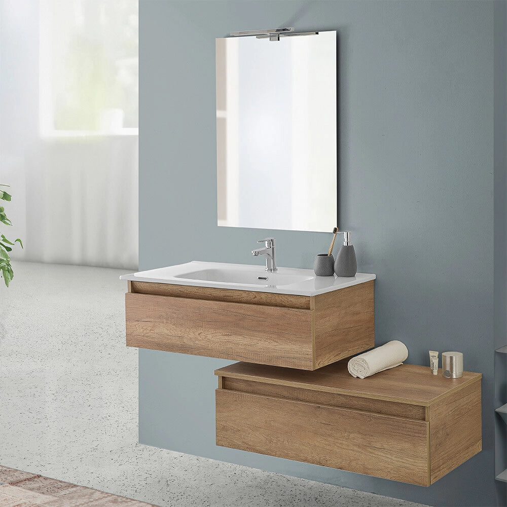 Mobile bagno sospeso 90 cm rovere naturale con base lavabo e cassetto Nadia