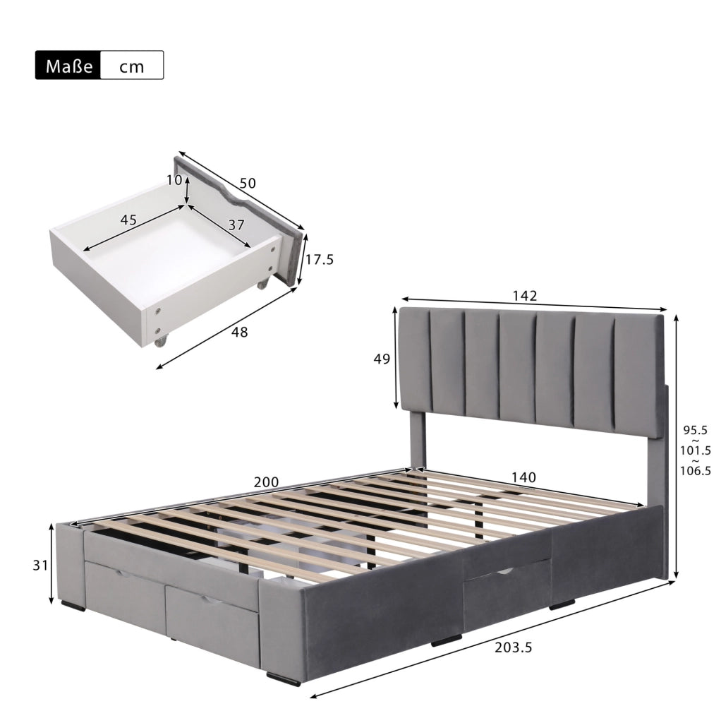 Letto imbottito 140x200 cm; con 4 cassetti e testiera regolabile; velluto grigio (Senza materasso)