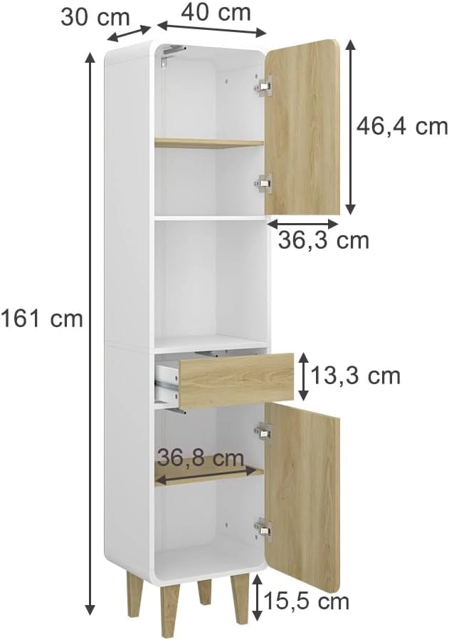Mobili da bagno Arla, Bianco/quercia, 40 x 161 cm, adatto per la conservazione di articoli da bagno e asciugamani