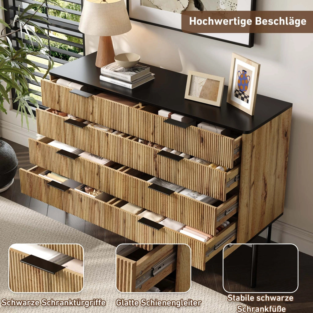 Credenza con 5 Cassetti; Rilievo Verticale; Piano Nero; Stile Moderno Nordico; in MDF; Naturale; 120??39;5??80 cm