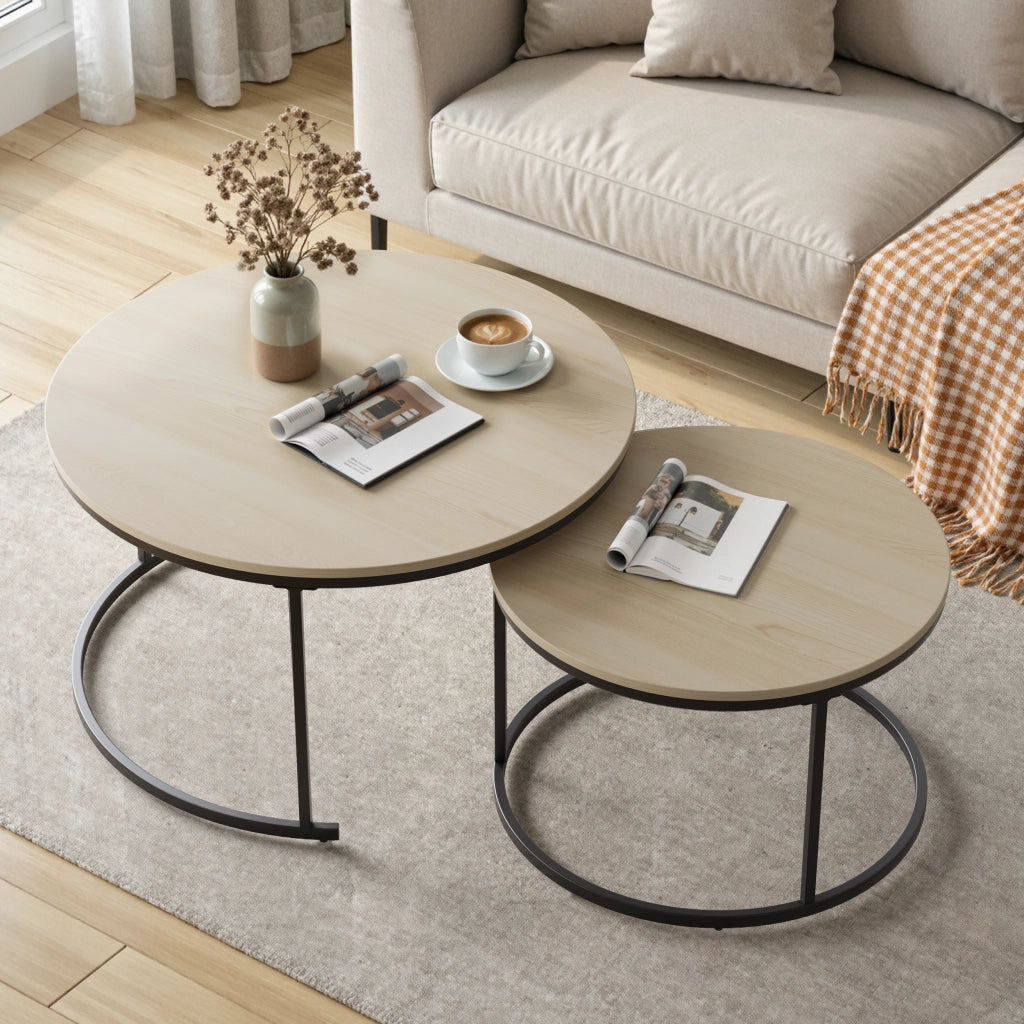 Set di 2 tavolini da caffè rotondi impilabili, effetto rovere, struttura in metallo, stile moderno