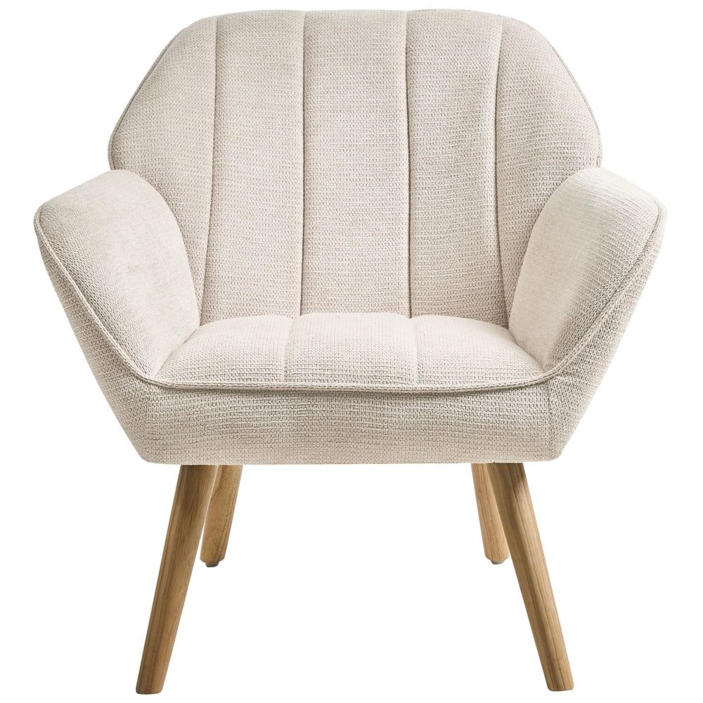 Poltrona in tessuto beige chiaro in stile retrò Rivestimento idrorepellente Gambe in legno di gomma con braccioli