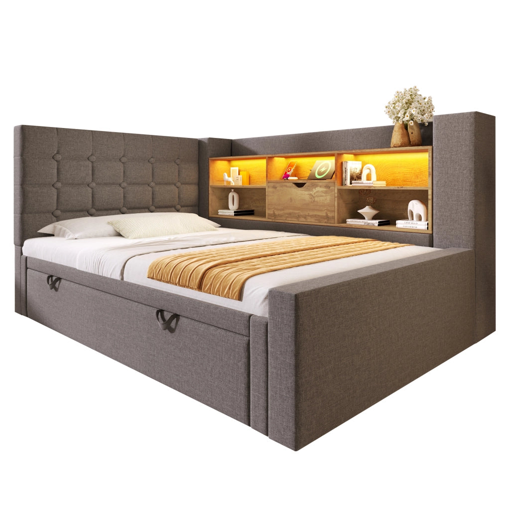 Letto con contenitore e letto estraibile lino metallo 90x200 cm