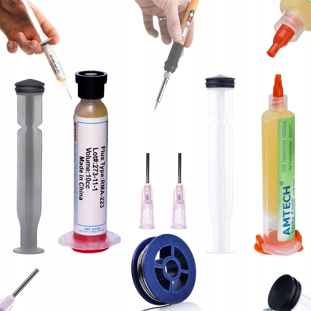 Cavo di Saldatura 0,8mm 10g + Flux NC-559-ASM 10cc + Flux RMA-223 con Pistone e Ago – Alta Precisione e Qualità
