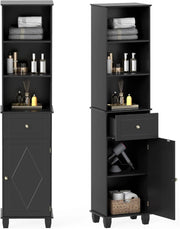Mobile da bagno alto 172 cm, colonna bagno con 3 ripiani aperti, 1 cassetto, 1 anta e ripiano regolabile, salvaspazio, mobile portaoggetti per cucina, soggiorno (nero)