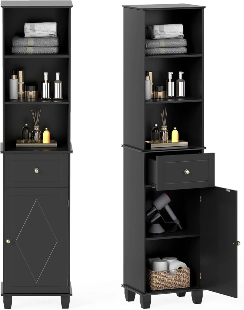Mobile da bagno alto 172 cm, colonna bagno con 3 ripiani aperti, 1 cassetto, 1 anta e ripiano regolabile, salvaspazio, mobile portaoggetti per cucina, soggiorno (nero)