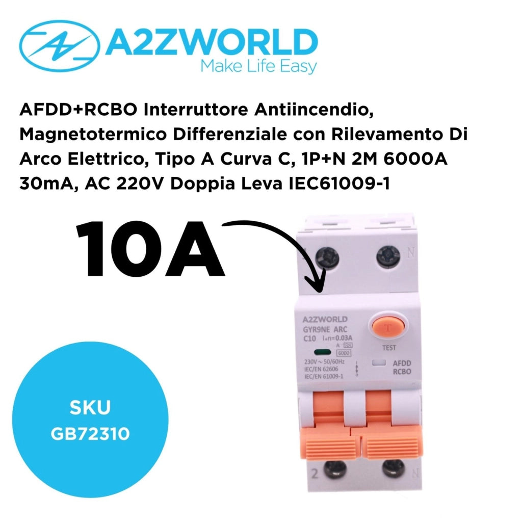 AFDD+RCBO Interruttore Antiincendio, Magnetotermico Differenziale con Rilevamento Di Arco Elettrico, Tipo A Curva C, 1P+N 2M 6000A 30mA, AC 220V Doppia Leva,GYR9NE-ARC,10A 16A 20A 25A 32A 40A (C10A)