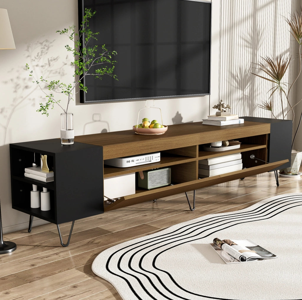 Mobile TV moderno 180 cm nero e effetto legno con ante e vani a giorno