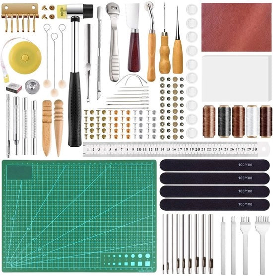 Set di attrezzi 58 pezzi - Set di attrezzi per lavorazione della pelle - Maneggiare la pelle a mano - Incluso filo e accessori - Set di attrezzi pratico per hobbyisti - Set di lavorazione della pelle