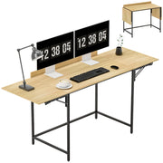 Scrivania per computer pieghevole con 2 ripiani estraibili, gambe in metallo, struttura robusta, per ufficio e studio, rovere e nero