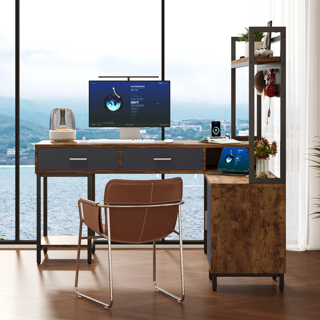 Scrivania ad angolo con 1 anta; 2 cassetti e ripiani - per studio - in MDF e metallo - 140×140×135 cm - nero