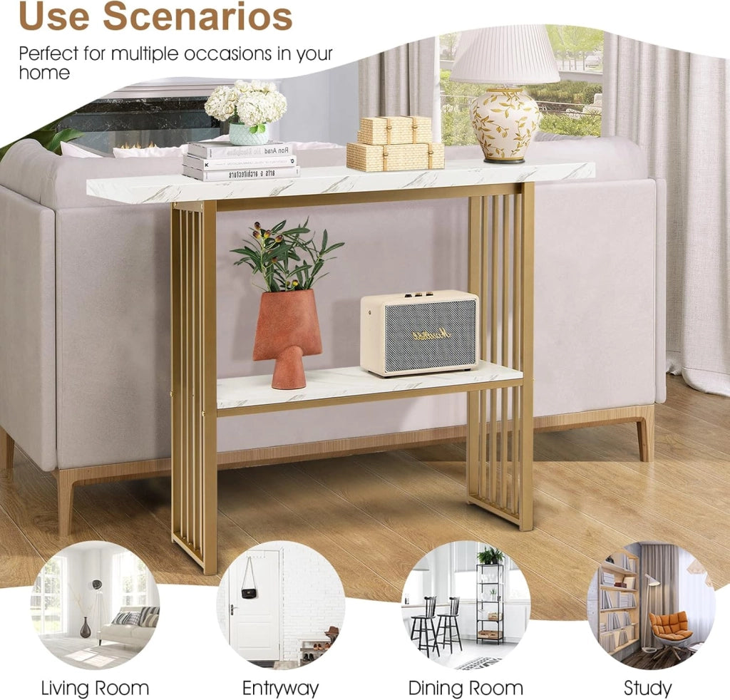 Tavolo Consolle da Divano in Acciaio con Motivo a Forma di Marmo, Tavolo da Ingresso con 2 Ripiani, Salvaspazio e Superficie Liscia per Soggiorno, Salotto, Ingresso, 120 x 29,5 x 93 cm