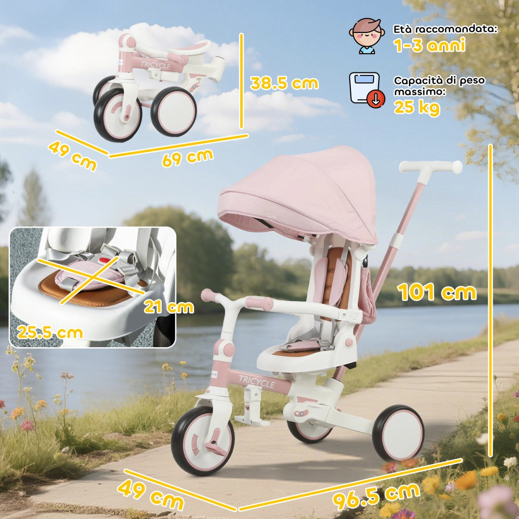 Triciclo 5 in 1 per Bambini con Maniglione di Spinta e Copertura ¨C Xylo ¨C Rosa, 96.5x49x101 cm