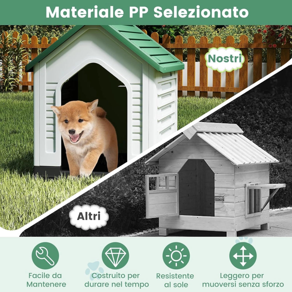 Cuccia per Cani da Esterno ed Interno, Casetta per Cani Impermeabile con Porta in Metallo Bloccabile e Prese d'aria e Tetto Spiovente, Cucce per Cuccioli per Casa, 66,5 x 52 x 60 cm (Verde)