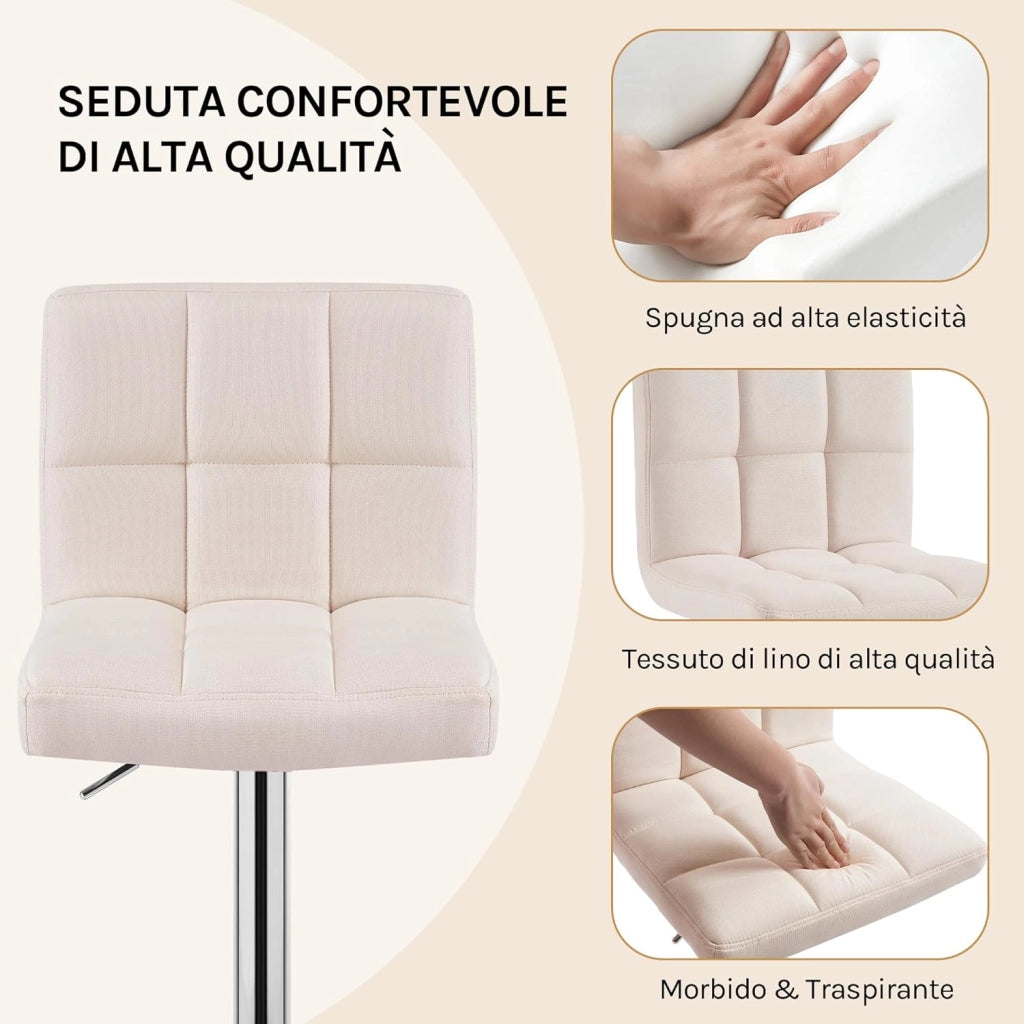 Sgabelli da Bar Sedia Cucina Alta con Schienale Senza Braccioli Girevole Tessuto di Lino/Cromato Crema 2 Pezzi