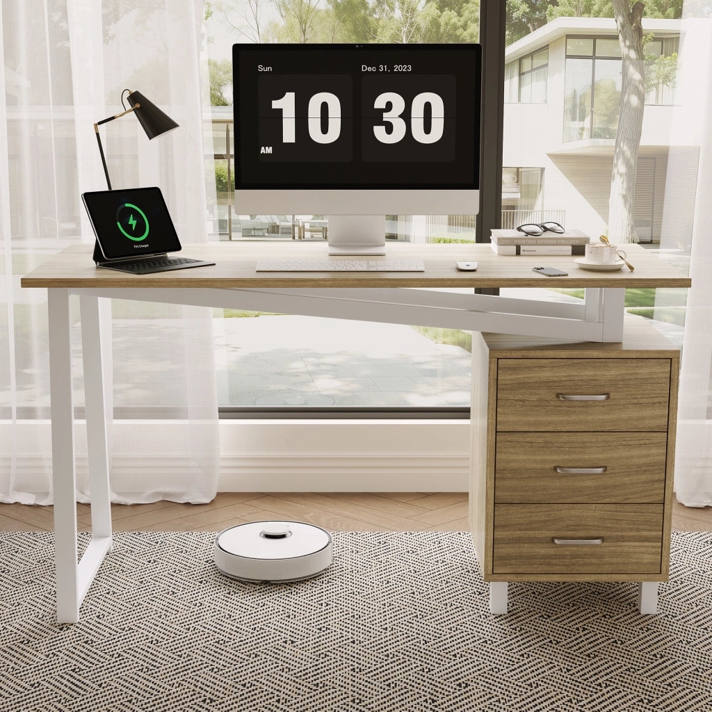 Scrivania lineare con 3 cassetti e ampio piano in MDF con struttura in acciaio bianco per studio naturale 130 × 55 × 75 cm