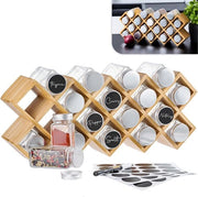 Cassa per Spezie in Legno di Bamboo con Vaschette in Vetro con Coperchio - Set comprensivo di Etichette per Shaker, Coperchio per Sprinkle e Penna