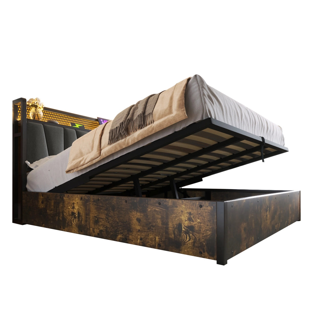 Letto matrimoniale 160x200 cm con testiera LED RGBW; porte USB e prese; grigio